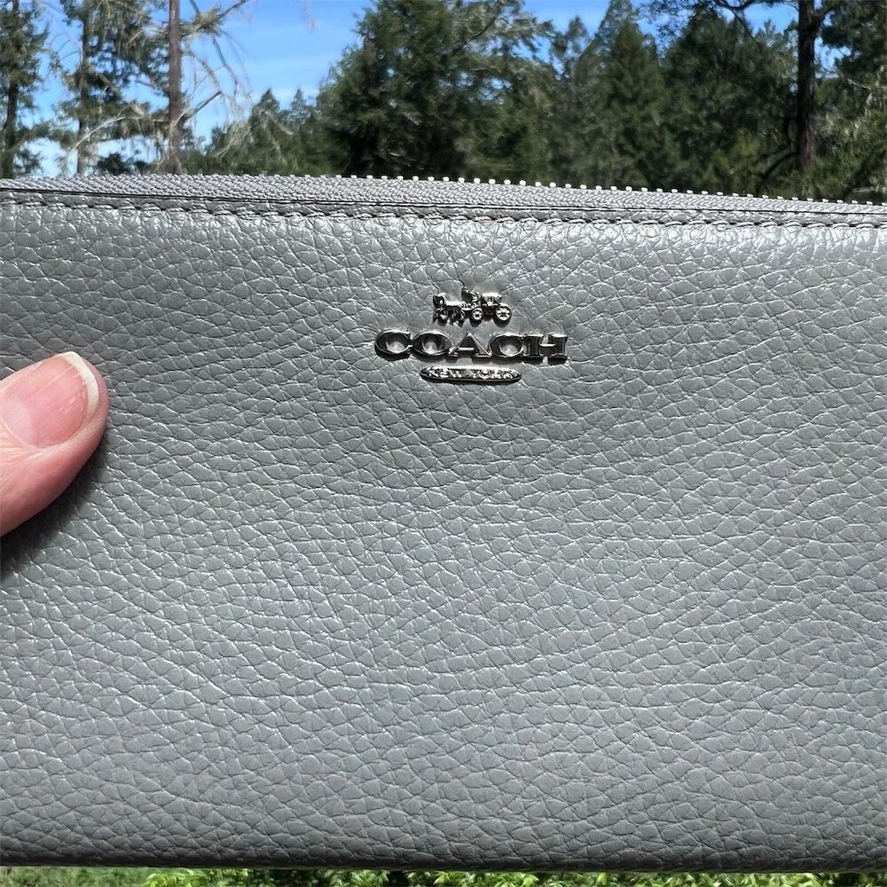 COACH Long Zip-Around Pebble Leather Wallet with Gray Blue with Silver Hardware